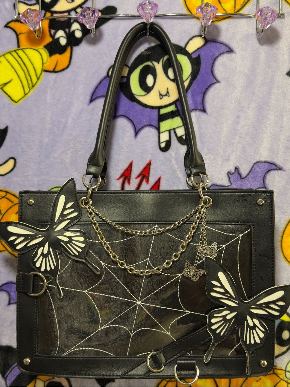 Black Spider-Web Accent Tote with Butterfly Charms